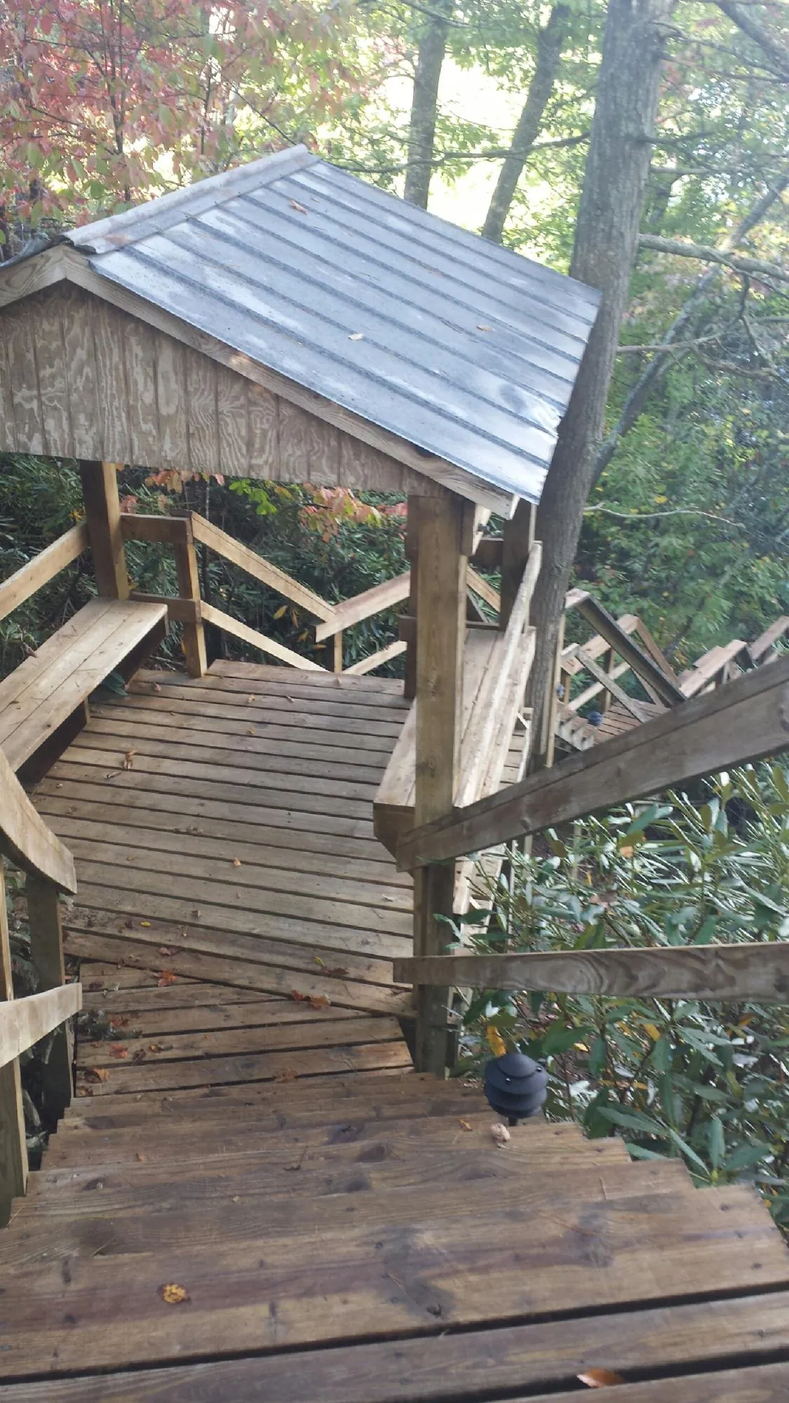 Metal roofed shelter over wooden steps on a wooded walkway — Skylight Repair & Installation work by our crew in Maxwell